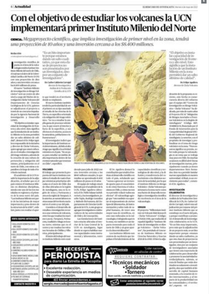 El Mercurio de Antofagasta: «Con el objetivo de estudiar los volcanes la UCN implementará primer Instituto Milenio del Norte