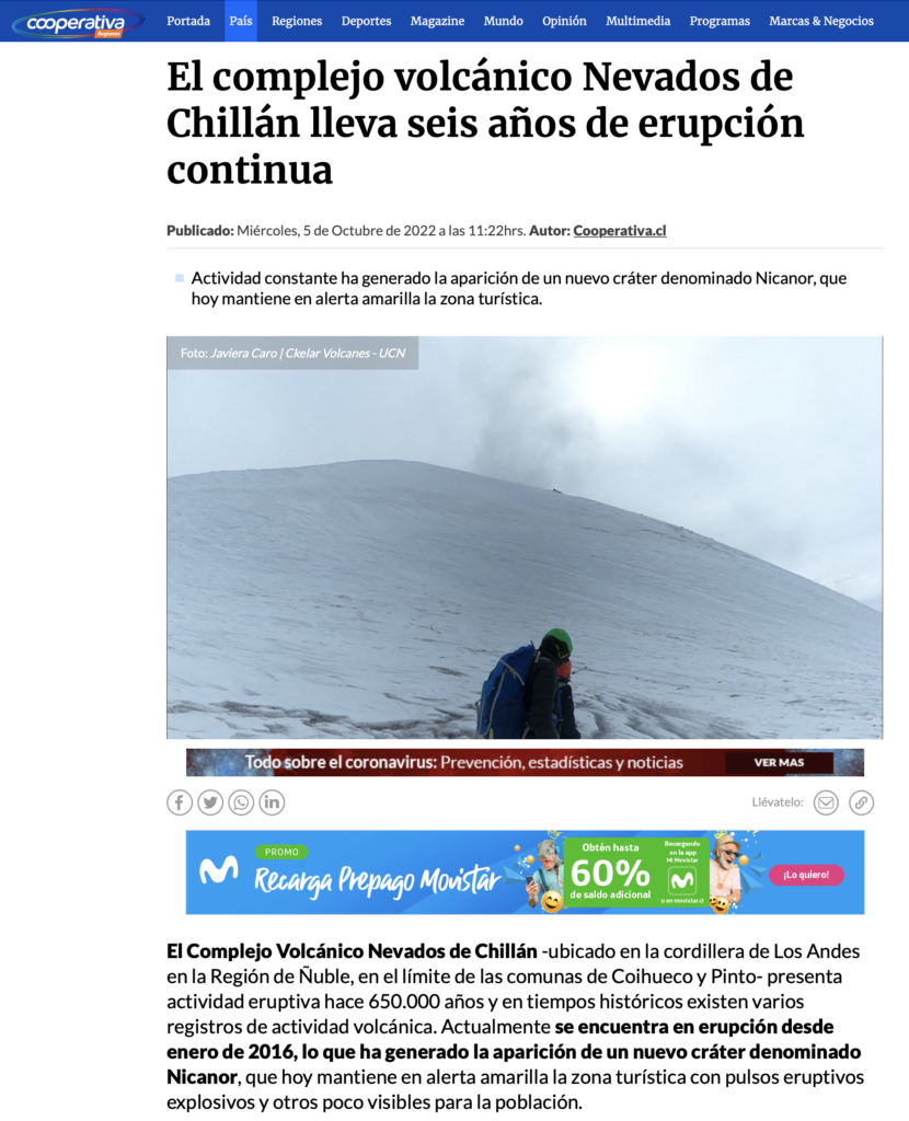 Cooperativa: «El complejo volcánico Nevados de Chillán lleva seis años de erupción continua»