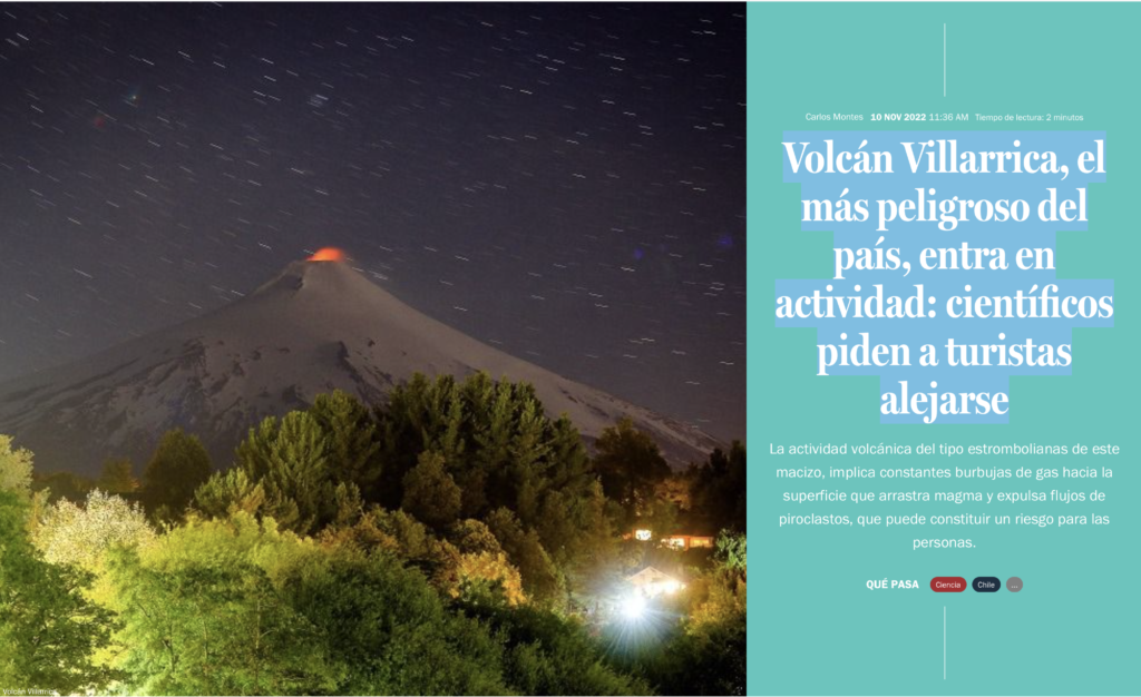 La Tercera: «Volcán Villarrica, el más peligroso del país, entra en actividad: científicos piden a turistas alejarse»