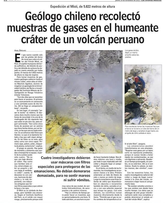 LUN: «Geólogo chileno recolectó muestras de gases en humeante cráter de volcán peruano»