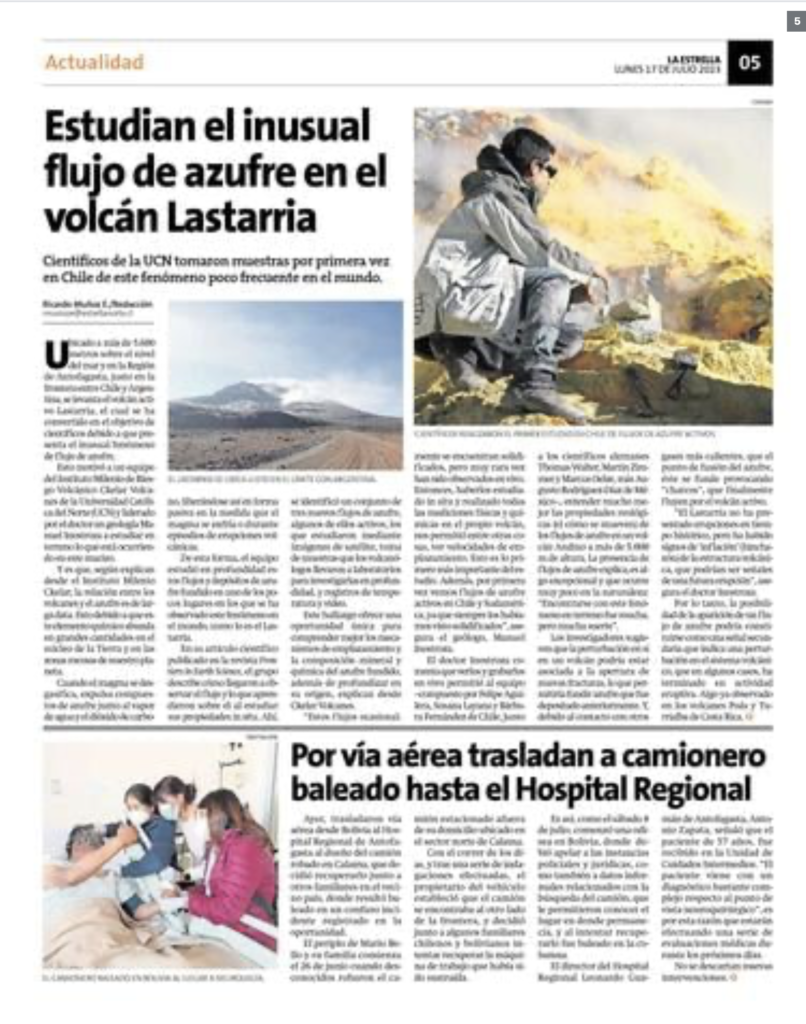 La Estrella de Antofagasta: “Estudian el inusual flujo de azufre en el volcán Lastarria”