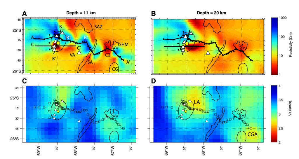 Crustal structure of the Lazufre volcanic complex and the Southern Puna from 3-D inversion of magnetotelluric data: Implications for surface uplift and evidence for melt storage and hydrothermal fluids