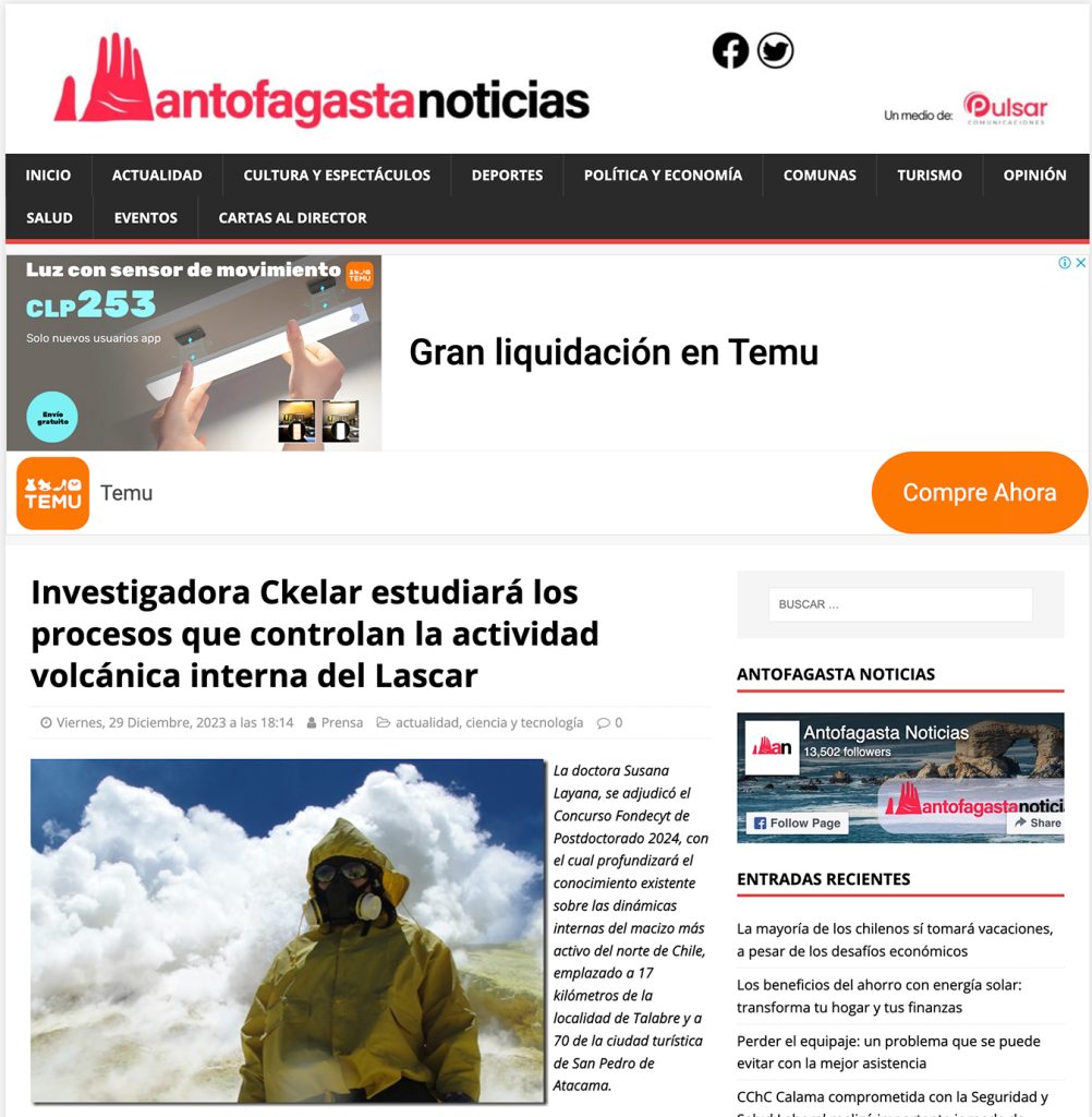 Antofagasta noticias: «Investigadora Ckelar estudiará los procesos que controlan la actividad interna del Lascar»