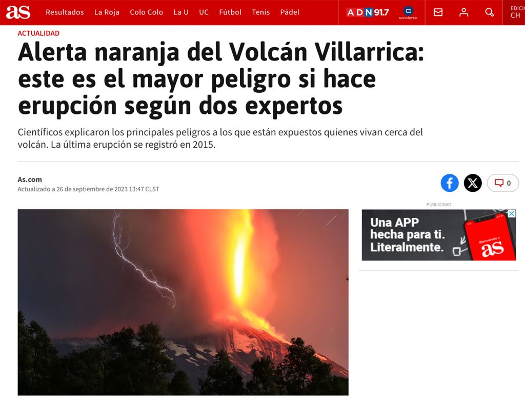 Chile as: “Alerta naranja del volcán Villarrica: este es el mayor peligro si hace erupción según dos expertos”