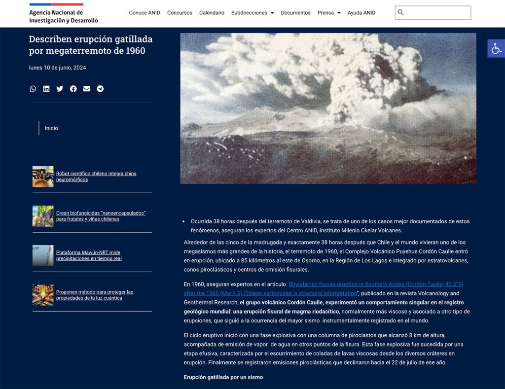 ANID: “Describen erupción gatillada por megaterremoto de 1960”