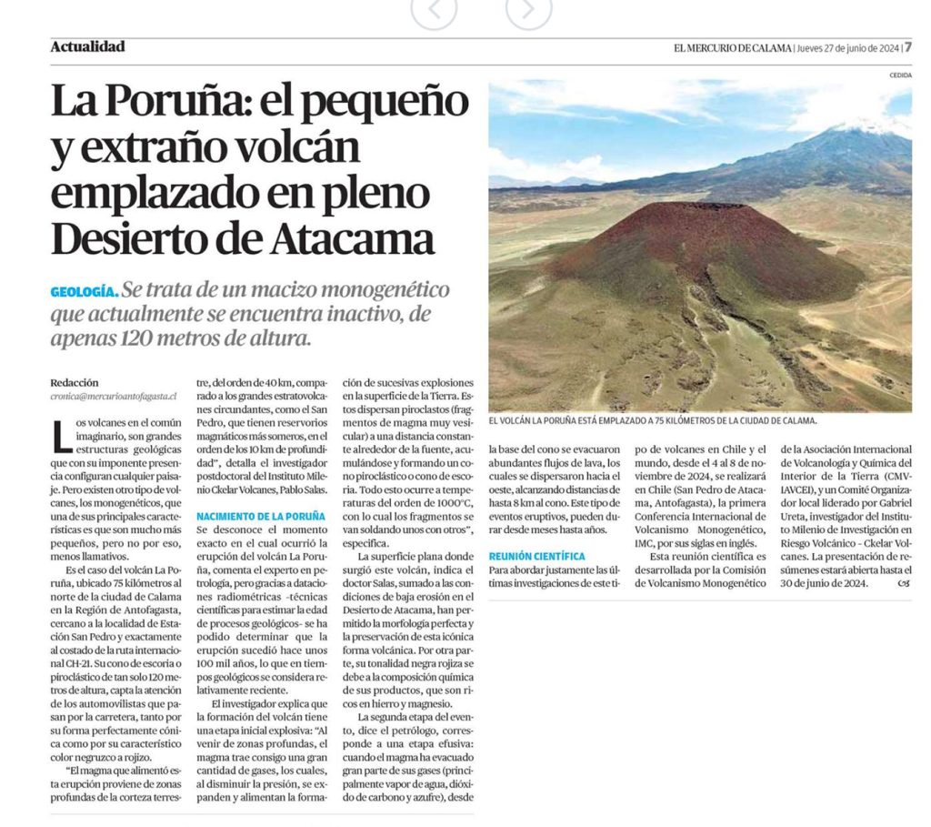 El Mercurio de Calama: “La Poruña: el pequeño y extraño volcán emplazado en pleno Desierto de Atacama”