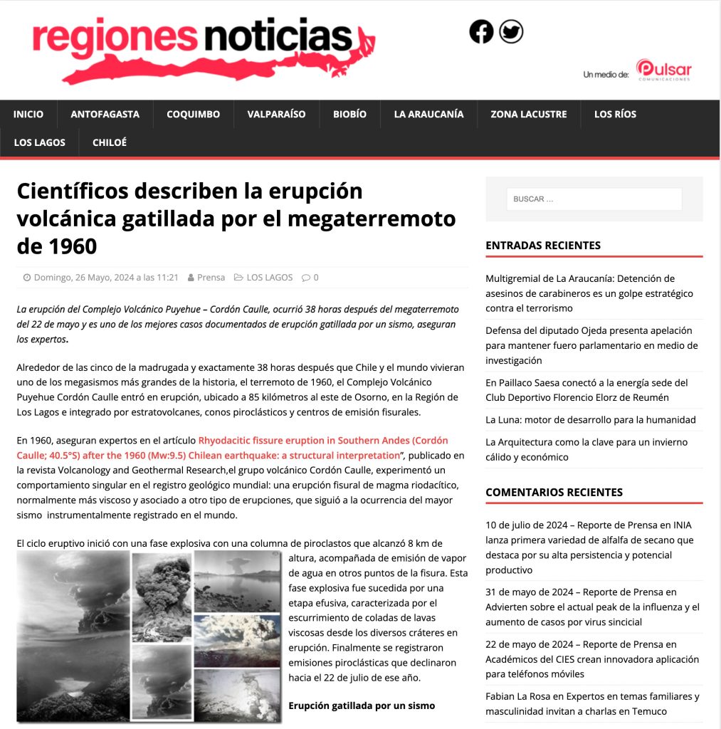 Regiones Noticias: “Científicos describen la erupción volcánica gatillada por el megaterremoto de 1960”