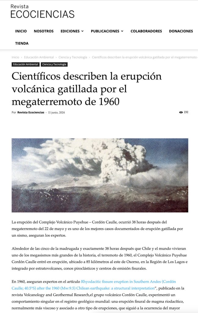 Revista Eco Ciencias: “Científicos describen la erupción volcánica gatillada por el megaterremoto de 1960”