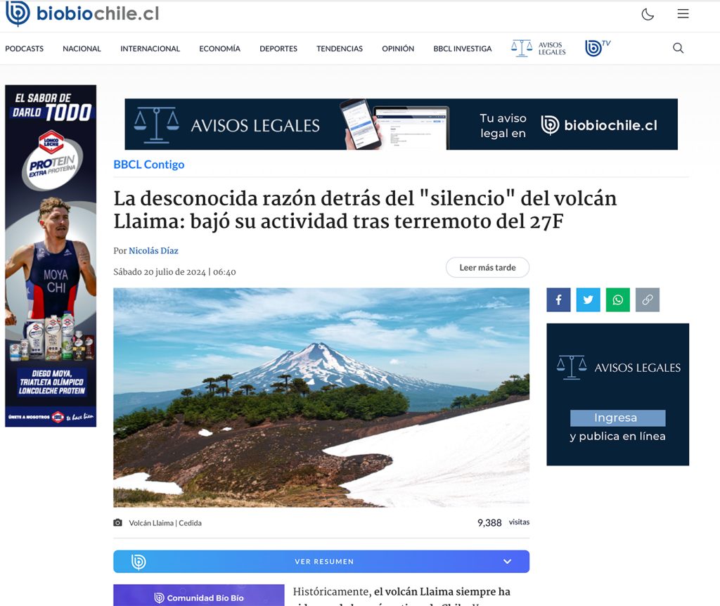 Biobio Chile: “La desconocida razón detrás del ‘silencio’ del volcán Llaima: bajó su actividad tras terremoto del 27F”