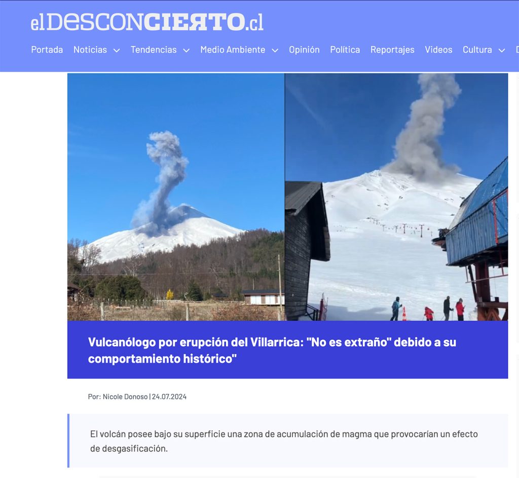 El Desconcierto: “Vulcanólogo por erupción del Villarrica: no es extraño debido a su comportamiento histórico”