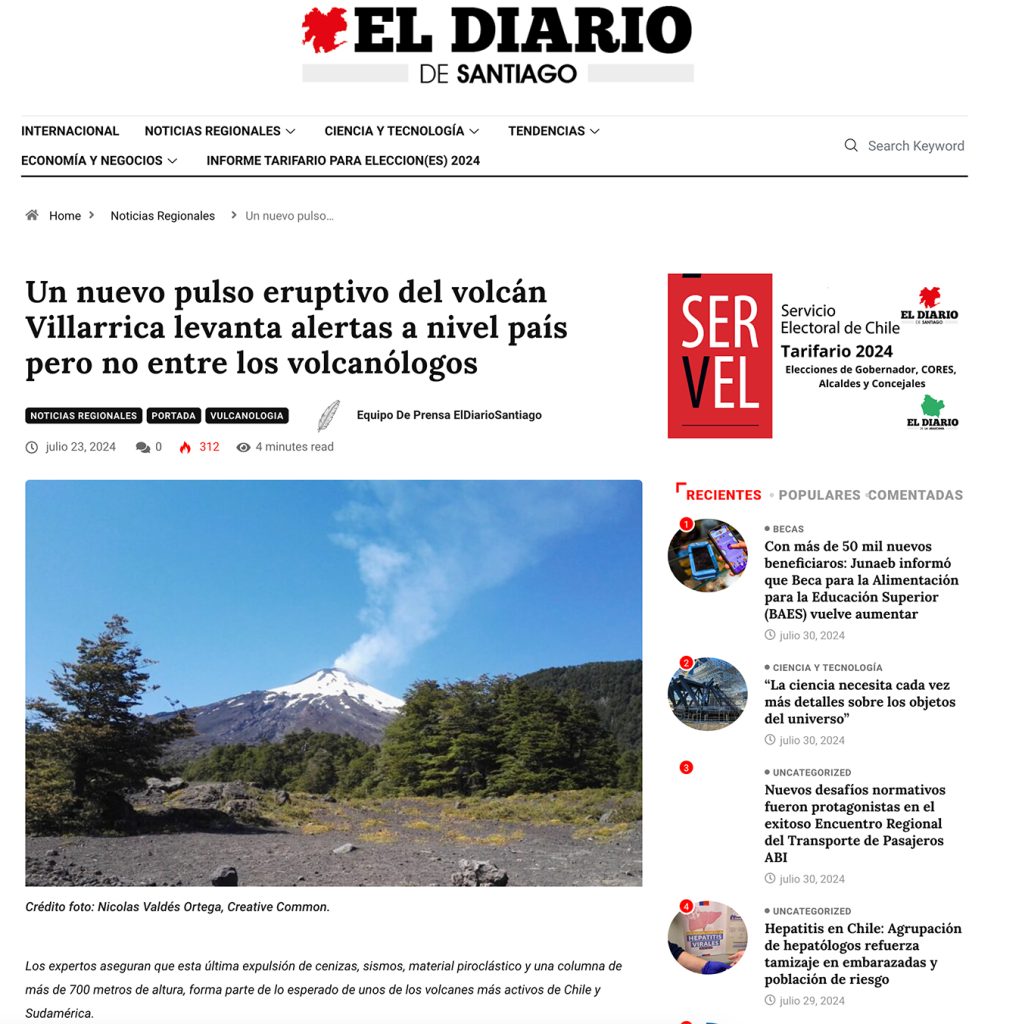 El Diario de Santiago: “Un nuevo pulso eruptivo del volcán Villarrica levanta alertas a nivel país pero no entre los volcanólogos”