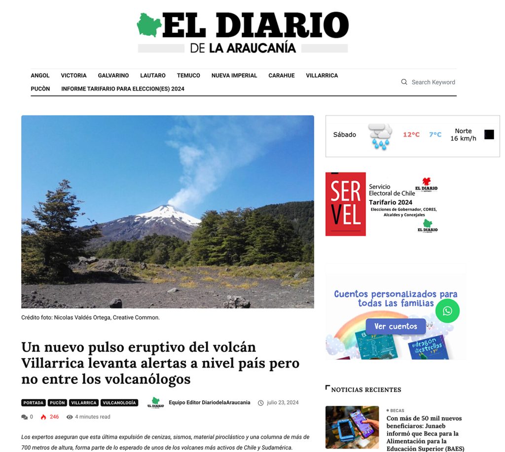 El Diario de la Araucanía: “Un nuevo pulso eruptivo del volcán Villarrica levanta alertas a nivel país pero no entre los volcanólogos”