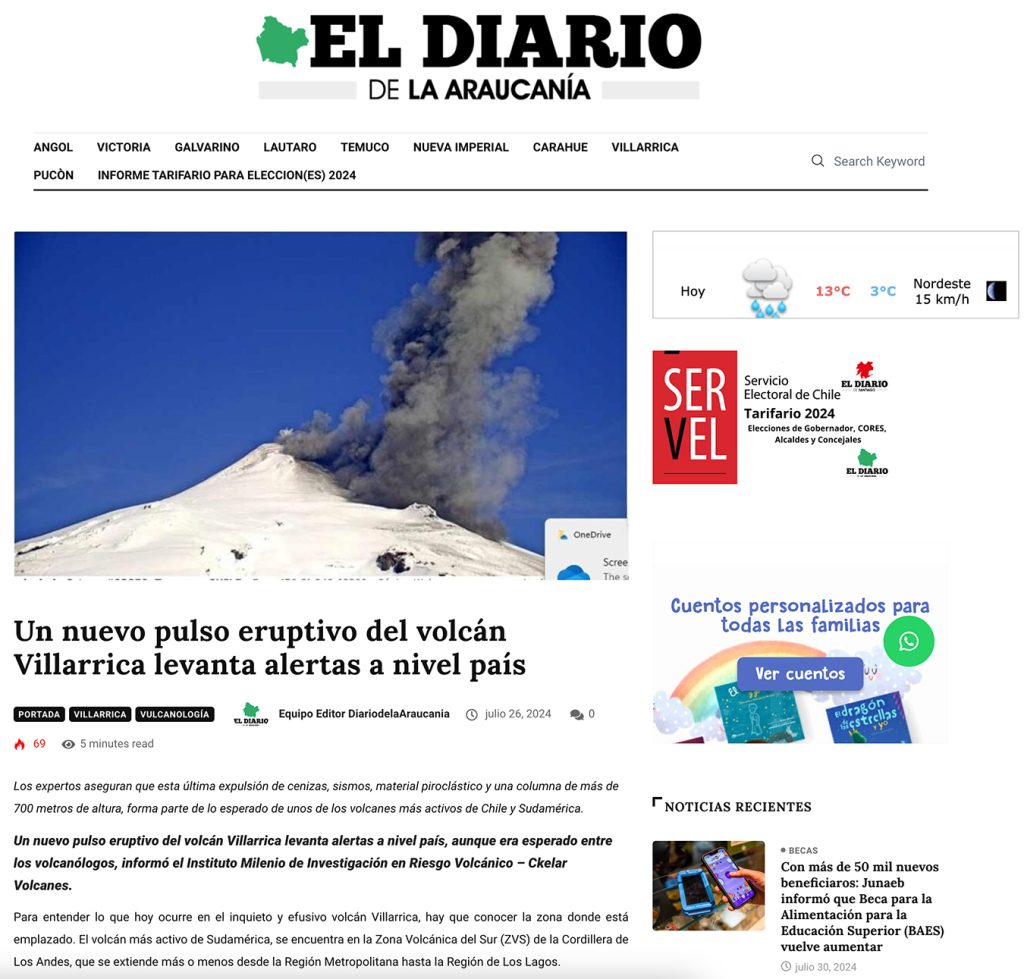 El Diario de la Araucanía: “Un nuevo pulso eruptivo del volcán Villarrica levanta alertas a nivel país”