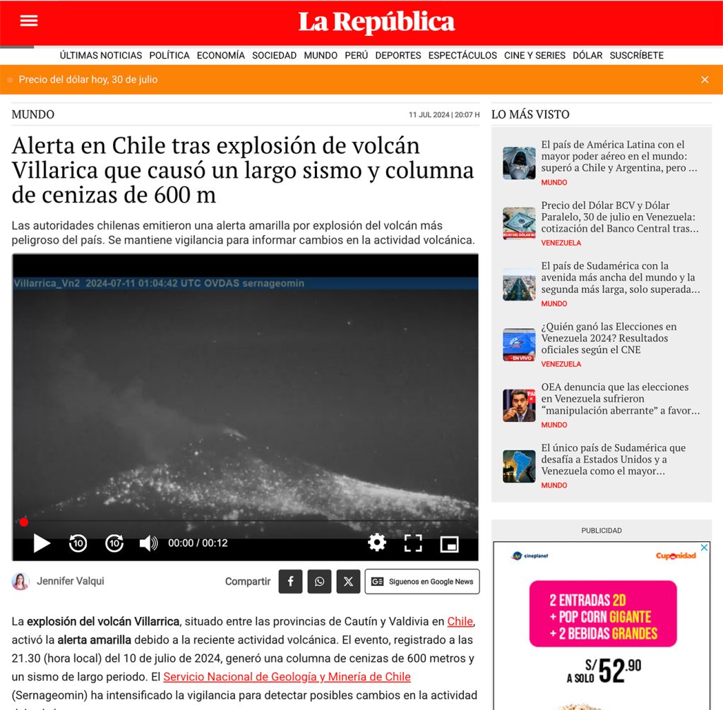 La República: “Alerta en Chile tras explosión de volcán Villarrica que causó un largo sismo y columna de cenizas de 600 m”