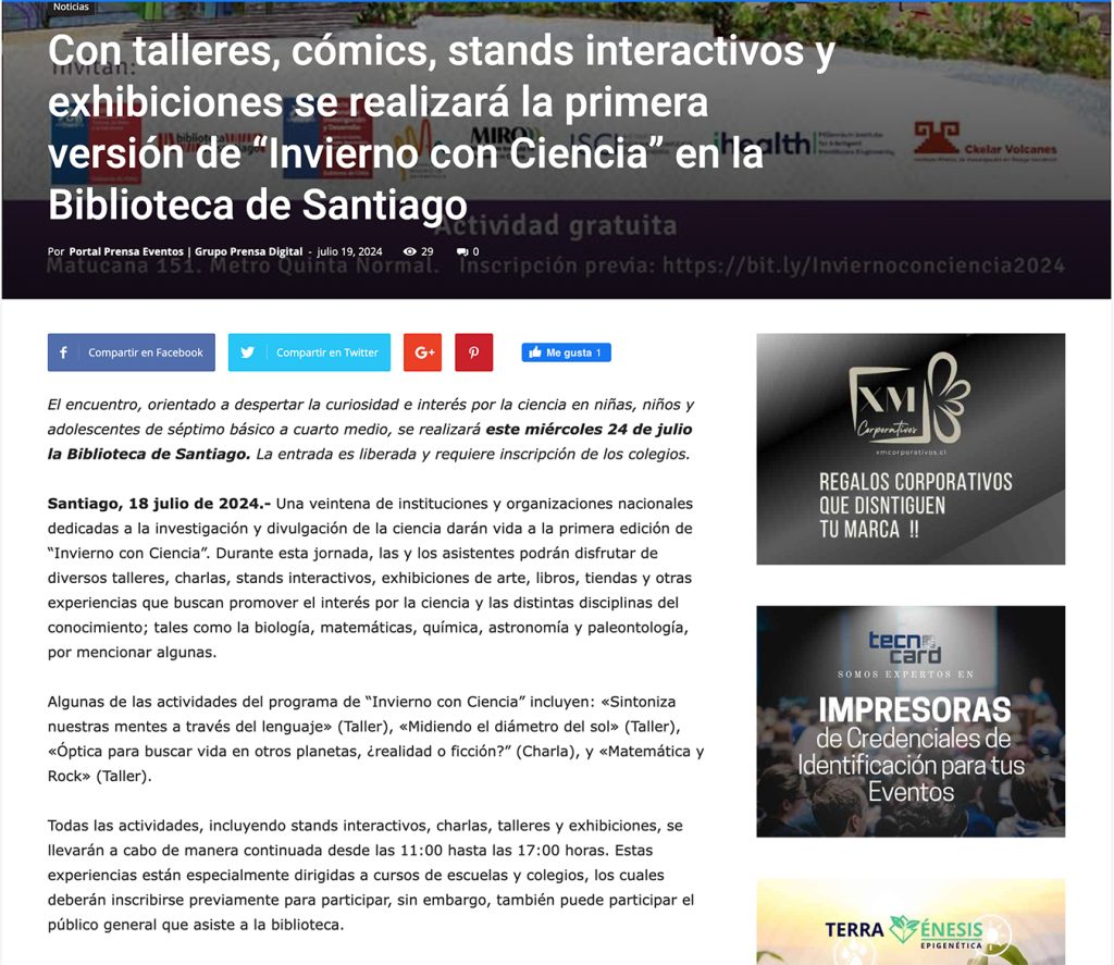 Prensa eventos: “Con talleres, cómics, stands interactivos y exhibiciones se realizará la primera versión de Invierno con Ciencia en la Biblioteca de Santiago”