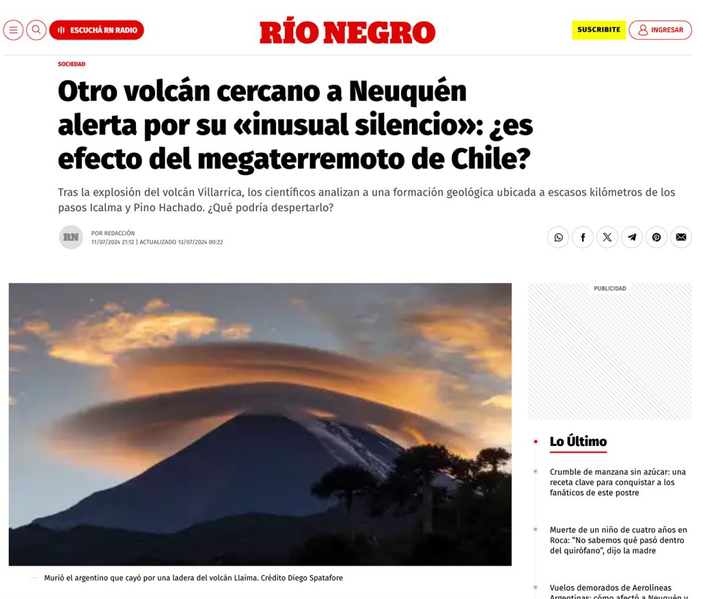 Río Negro: “Otro volcán cercano a Neuquén alerta por su ‘inusual silencio’: ¿es efecto del megaterremoto de Chile?