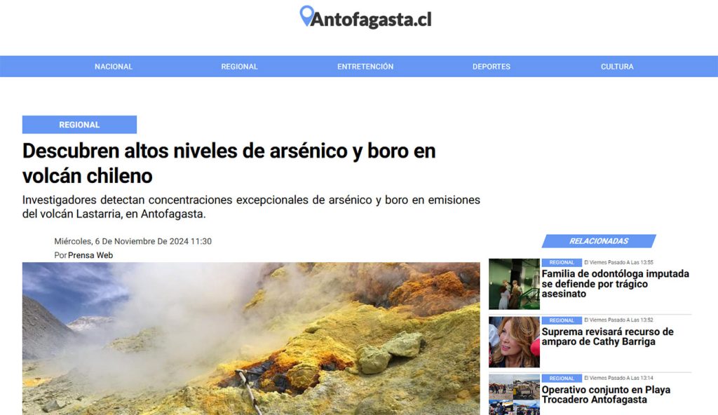 Antofagasta.cl: “Descubren altos niveles de arsénico y boro en volcán chileno”