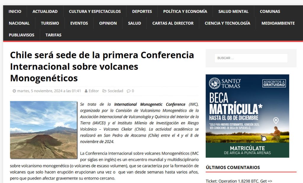 Araucanía Noticias: “Chile sera sede de la primera Conferencia sobre volcanes Monogenéticos”