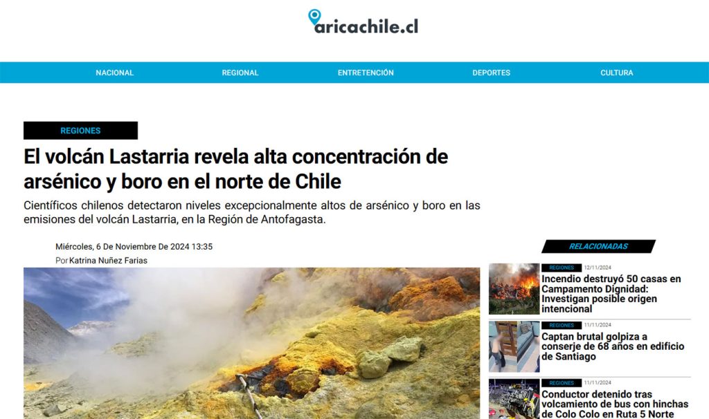 Arica Chile: “El volcán Lastarria revela alta concentración de arsénico y boro en el norte de Chile”