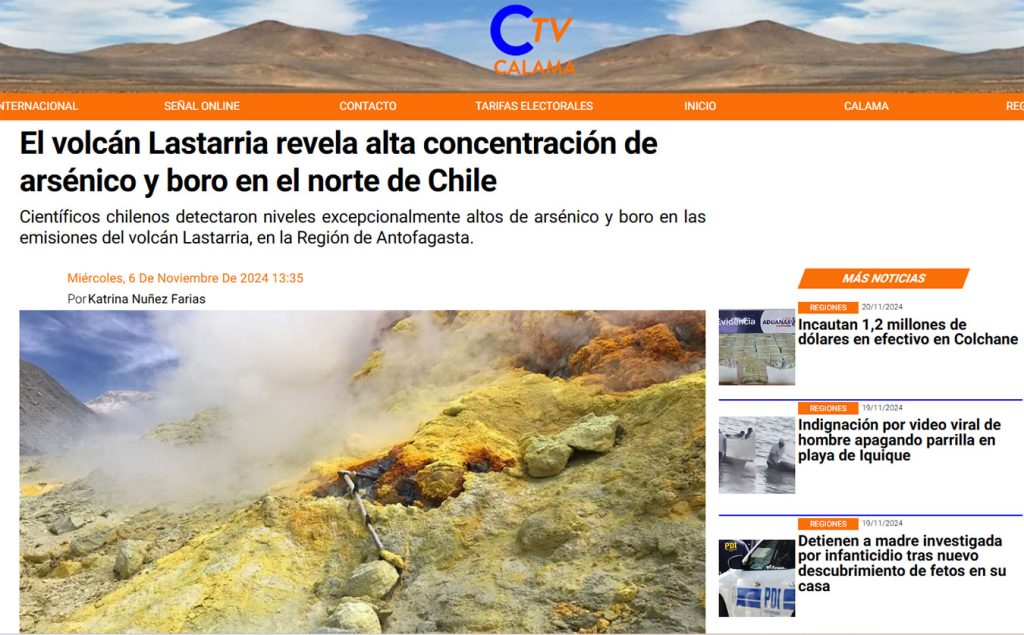 Calama TV: “El volcán Lastarria revela alta concentración de arsénico y boro en el norte de Chile”