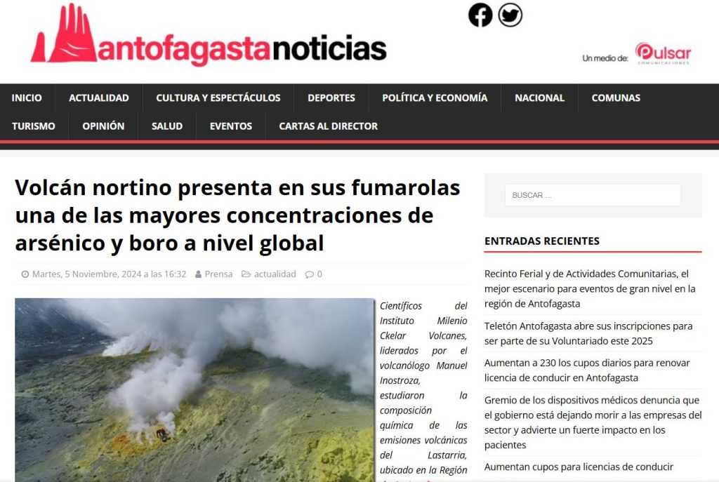 Antofagasta Noticias: “Volcán nortino presenta en sus fumarolas una de las mayores concentraciones de arsénico y boro a nivel global”