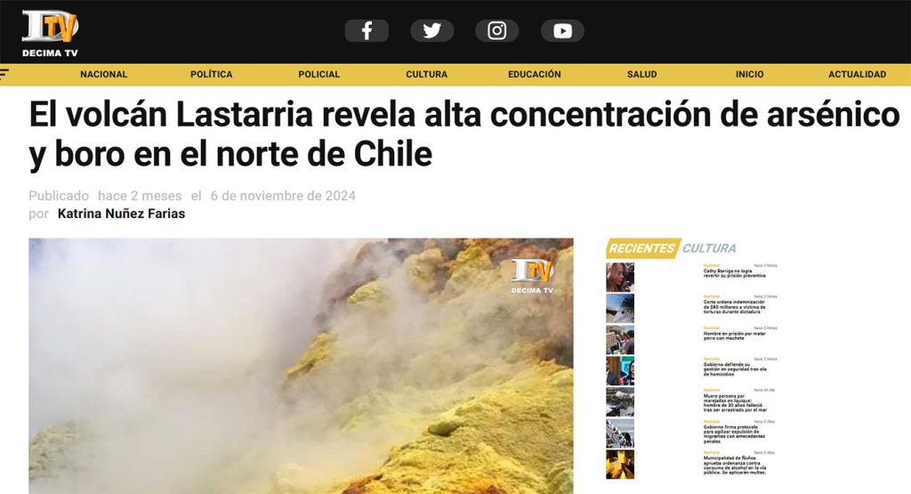 Decima TV: “El volcán Lastarria revela alta concentración de arsénico y boro en el norte de Chile”