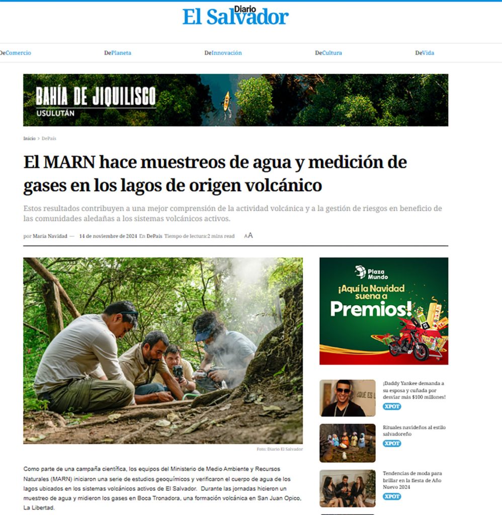 Diario El Salvador: “El MARN hace muestreos de agua y medición de gases en los lagos de origen volcánico”