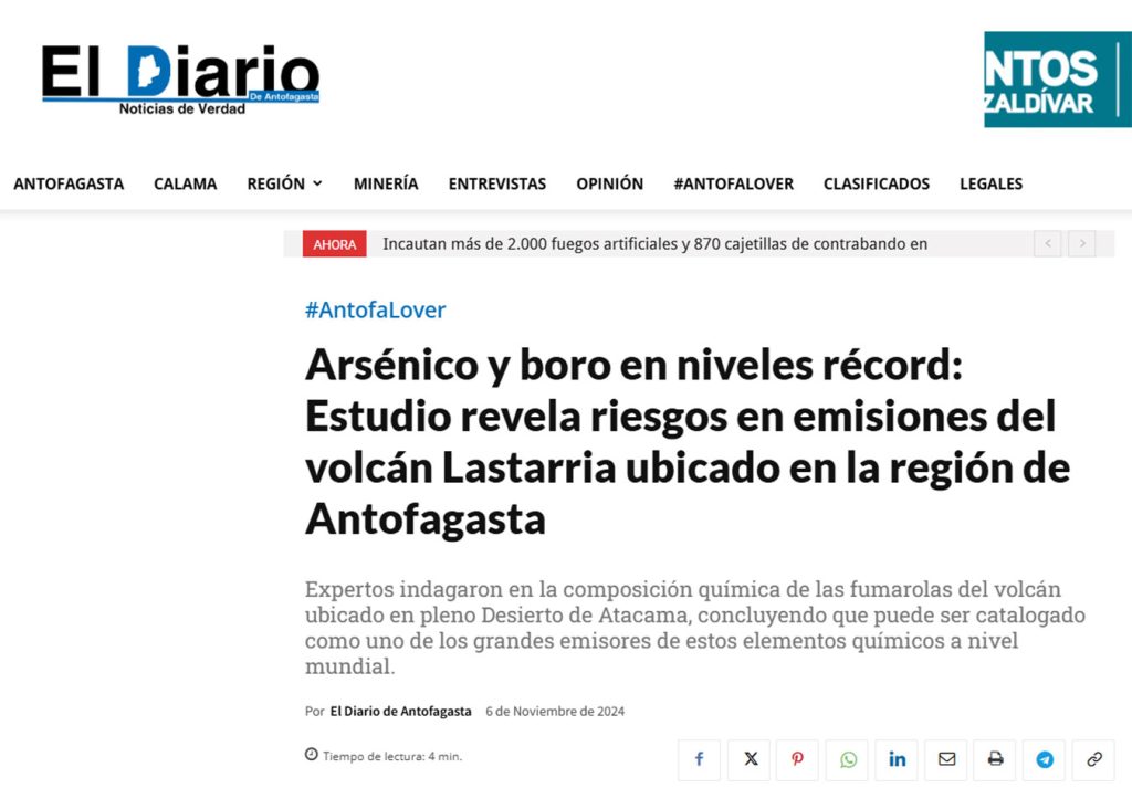 Diario de Antofagasta: “Arsénico y boro en niveles récord: Estudio revela riesgos en emisiones del volcán Lastarria ubicado en la región de Antofagasta”