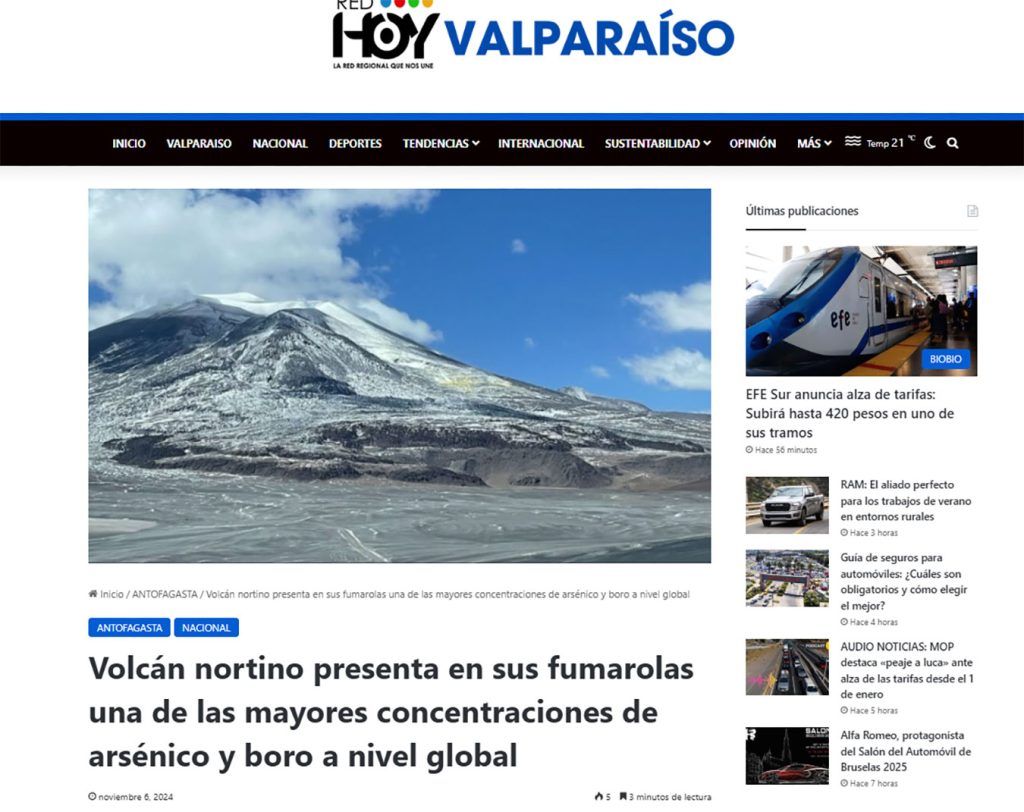 Hoy Valparaiso: “Volcán nortino presenta en sus fumarolas una de las mayores concentraciones de arsénico y boro a nivel global”