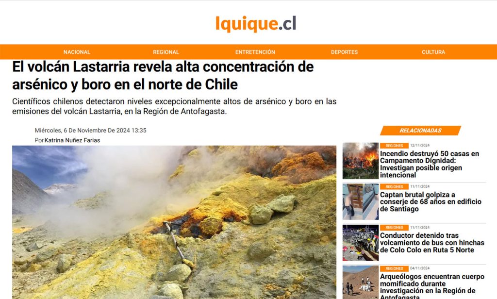 Iquique.cl: “El volcán Lastarria revela alta concentración de arsénico y boro en el norte de Chile”