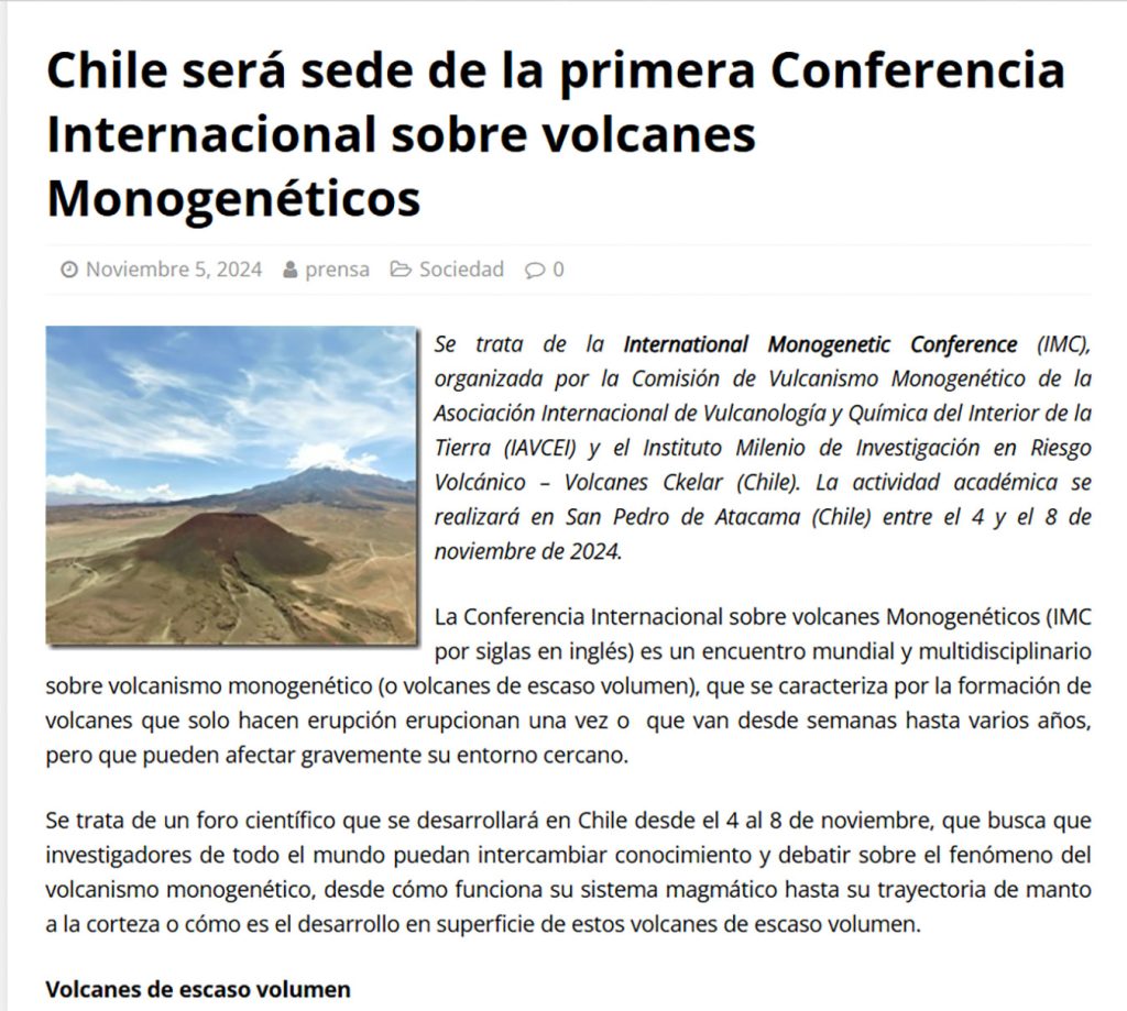 Los Rios Noticias: “Chile será sede de la Primera Conferencia Internacional sobre volcanes Monogenéticos”