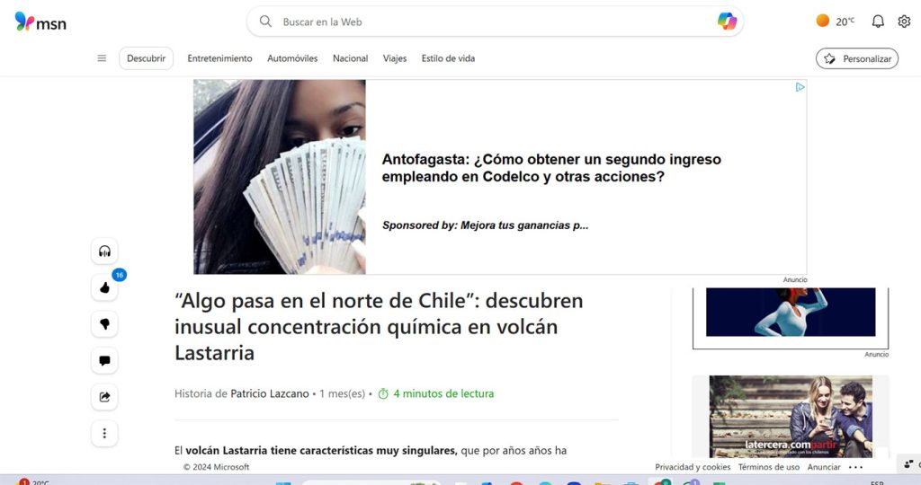 MSN: “Algo pasa en el norte de Chile: descubren inusual concentración química en volcán Lastarria”