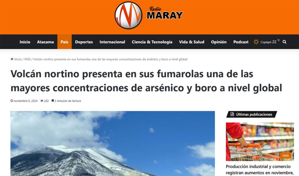 Maray: “Volcán nortino presenta en sus fumarolas una de las mayores concentraciones de arsénico y boro a nivel global”