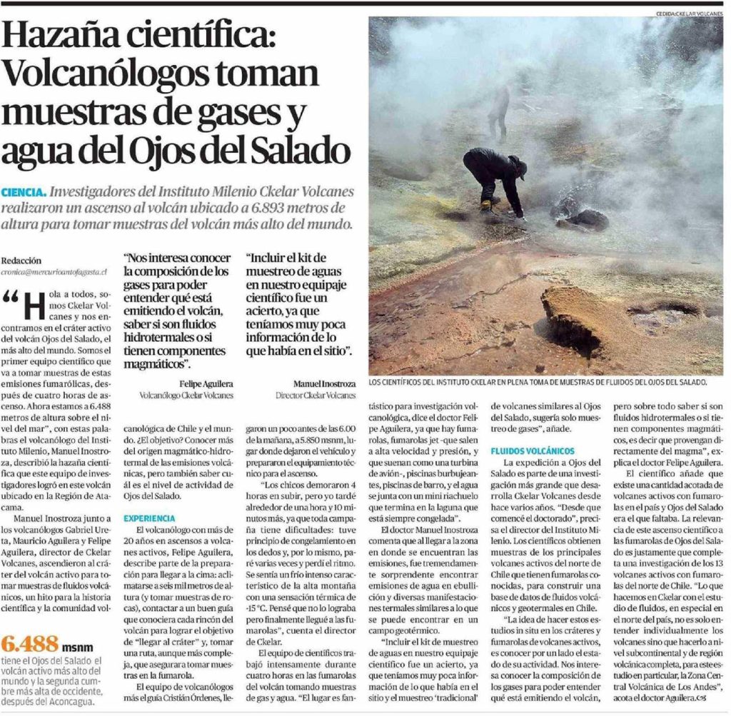 El Mercurio de Antofagasta: “Hazaña científica: Volcanólogos toman muestras de gases y agua en Ojos del Salado”