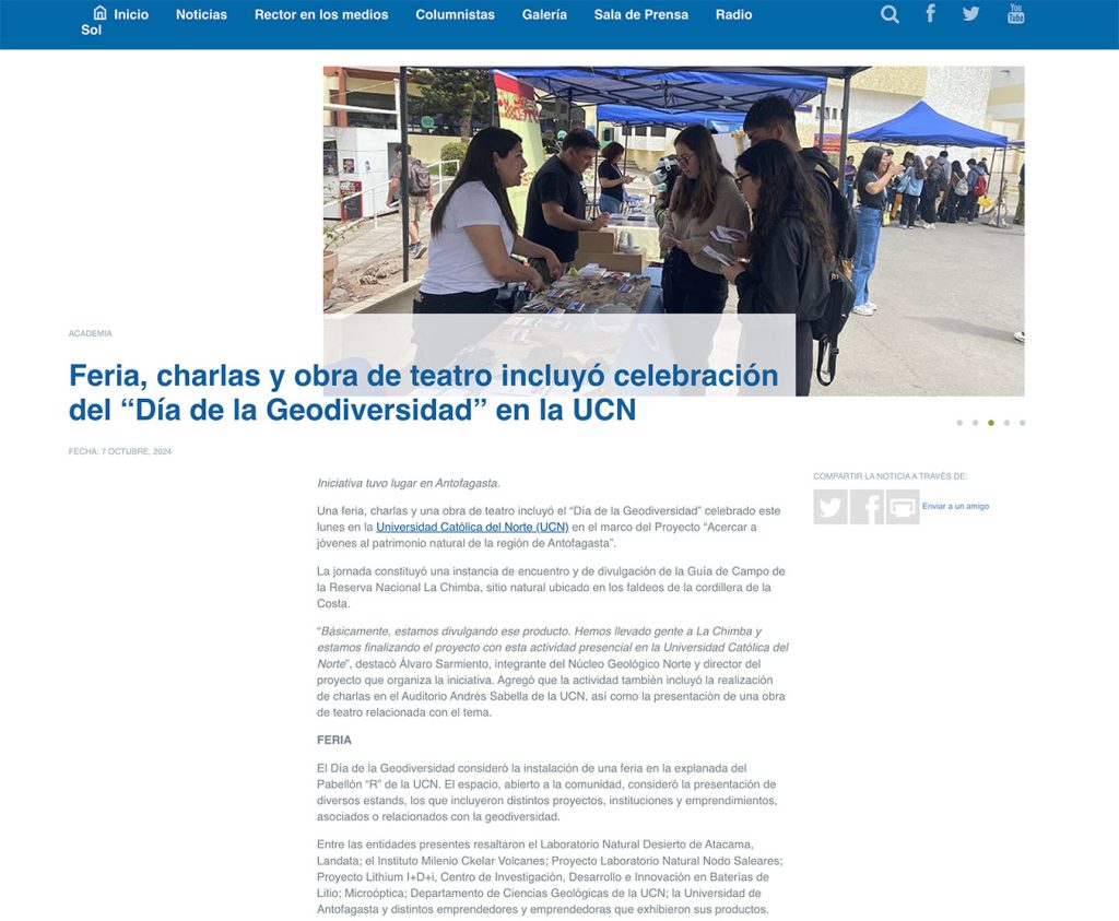 Noticias UCN: “Feria, charlas y obra de teatro incluyó celebración del ‘Día de la Geodiversidad’ en la UCN”