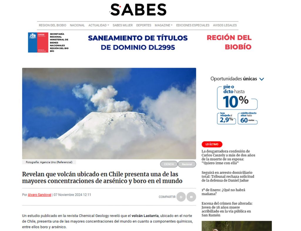 Sabes: “Revelan que volcán ubicado en Chile presenta una de las mayores concentraciones de arsénico y boro en el mundo”