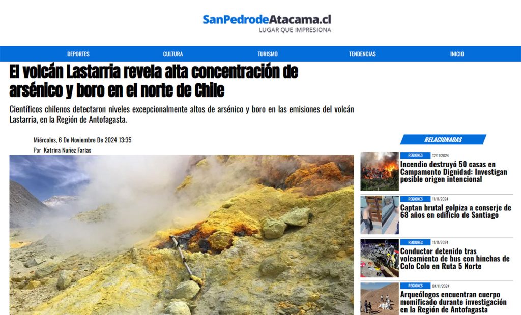 San Pedro de Atacama: “El volcán Lastarria revela alta concentración de arsénico y boro en el norte de Chile”