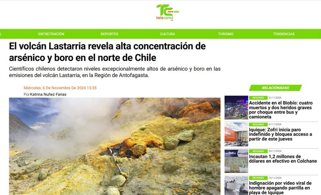 Santa Cruz Telecanal: “El volcán Lastarria revela alta concentración de arsénico y boro en el norte de Chile”