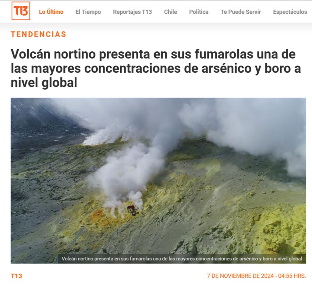 T13: “Volcán nortino presenta en sus fumarolas una de las mayores concentraciones de arsénico y boro a nivel global”