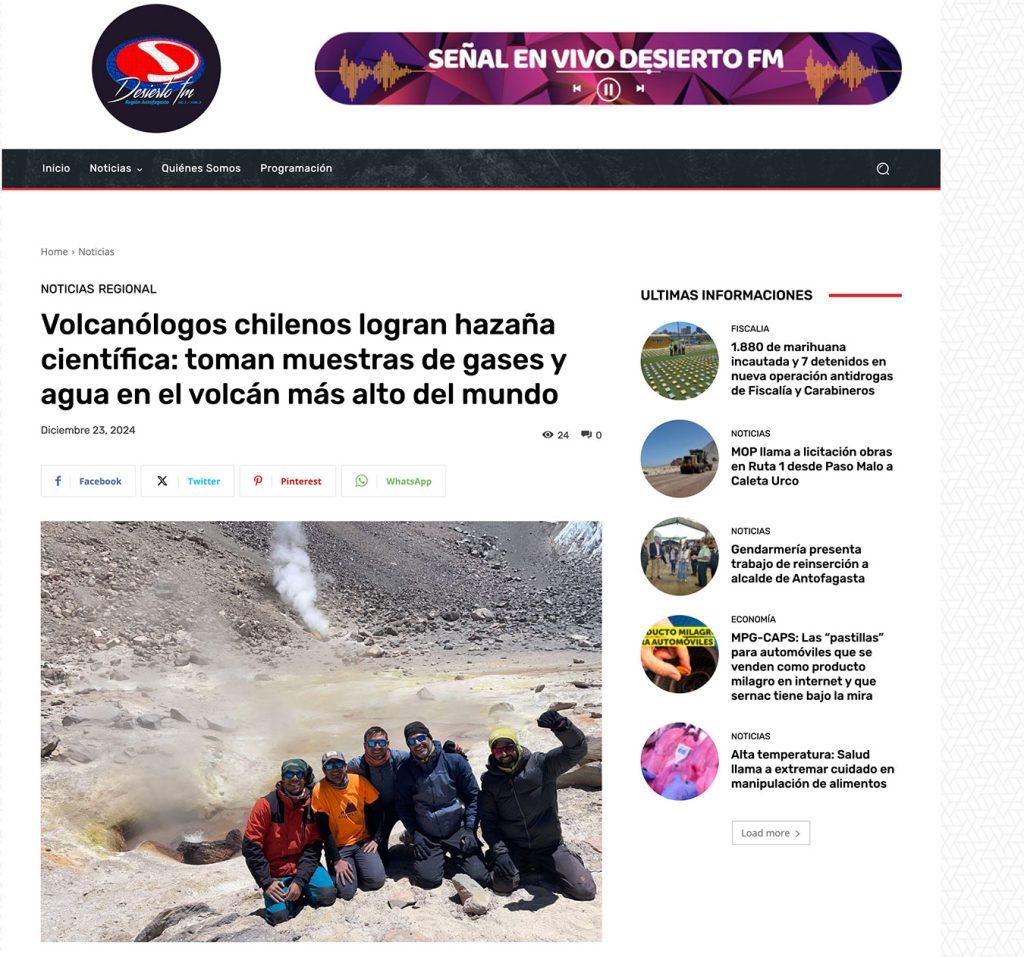 Desierto FM: “Volcanólogos chilenos logran hazaña científica: toman muestra de gases y agua en el volcán más alto del mundo”