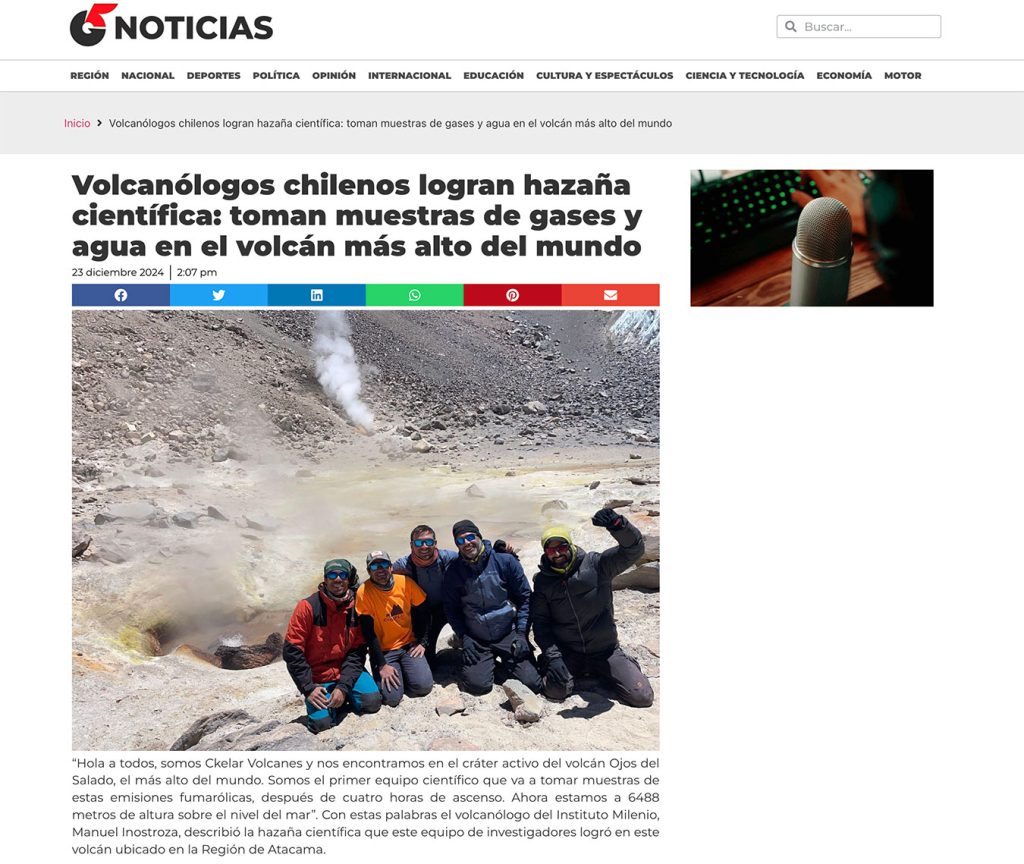 G5 Noticias: “Volcanólogos chilenos logran hazaña científica: toman muestras de gases y agua en el volcán más alto del mundo”