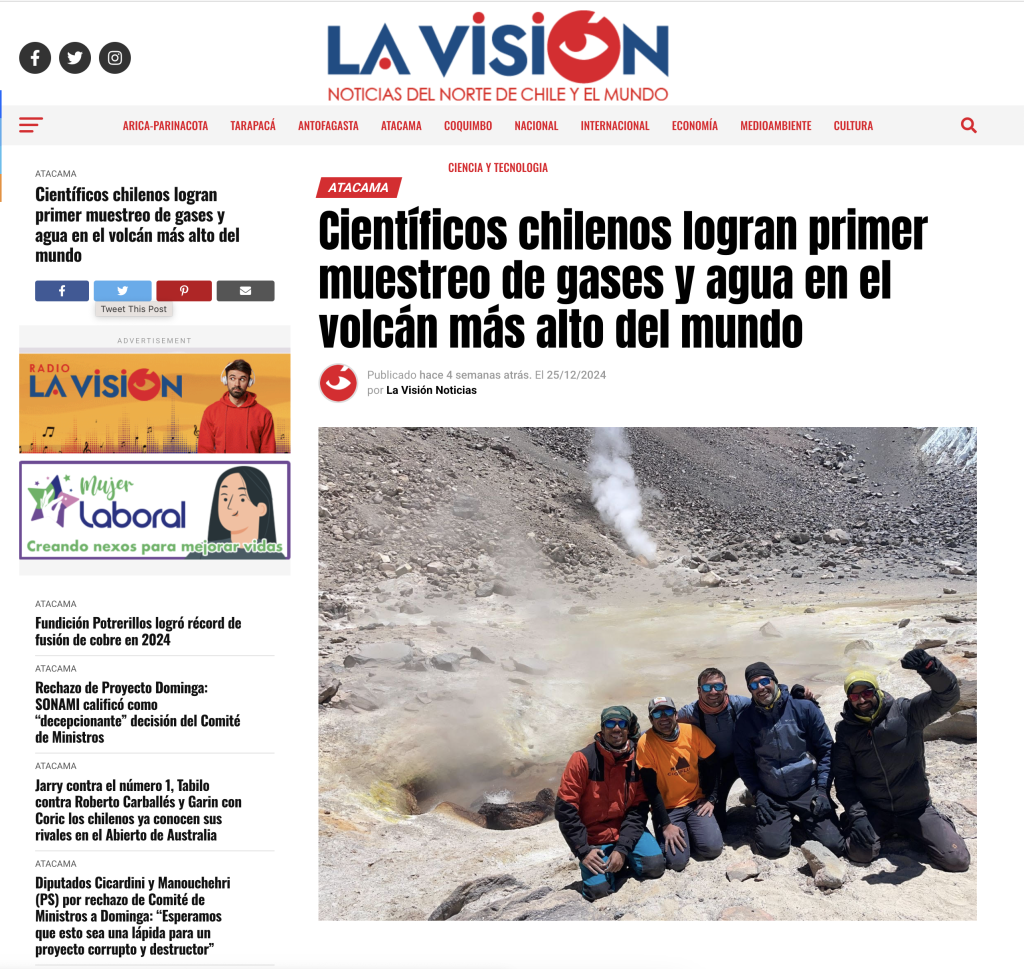 La Visión: “Volcanólogos chilenos logran hazaña científica: toman muestras de gases y agua en el volcán más alto del mundo”