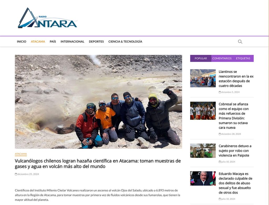 Radio Antara: «Volcanólogos chilenos logran hazaña científica en Atacama: toman muestras de gases y agua en el volcán más alto del mundo»