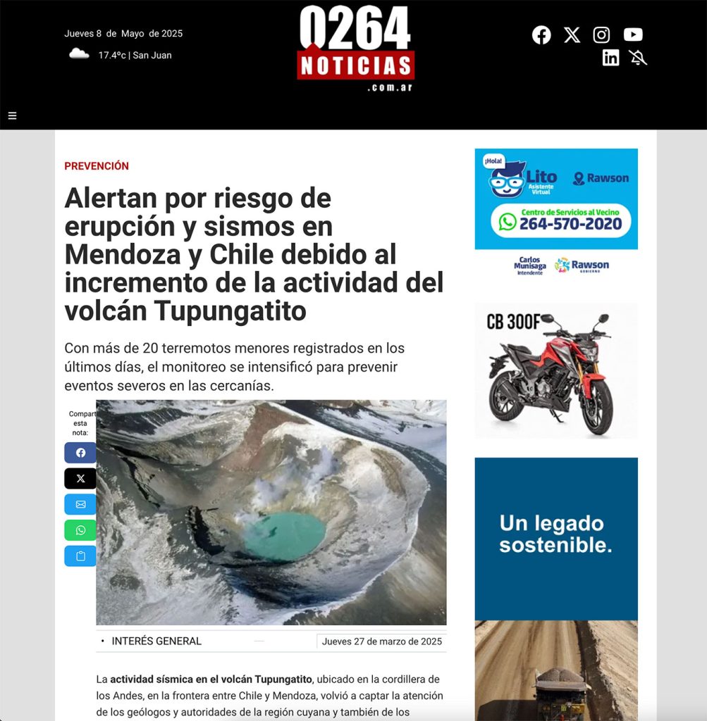 0264 Noticias: «Alertan por riesgo de erupción y sismos en Mendoza y Chile debido al incremento de la actividad del volcán Tupungatito»