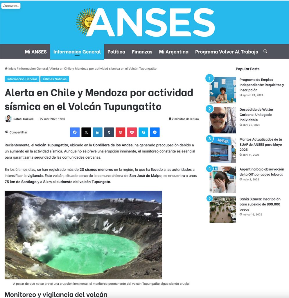 Estación Zafiro Argentina: «Declaran el alerta verde por el aumento de la actividad sísmica en el Volcán Tupungatito»