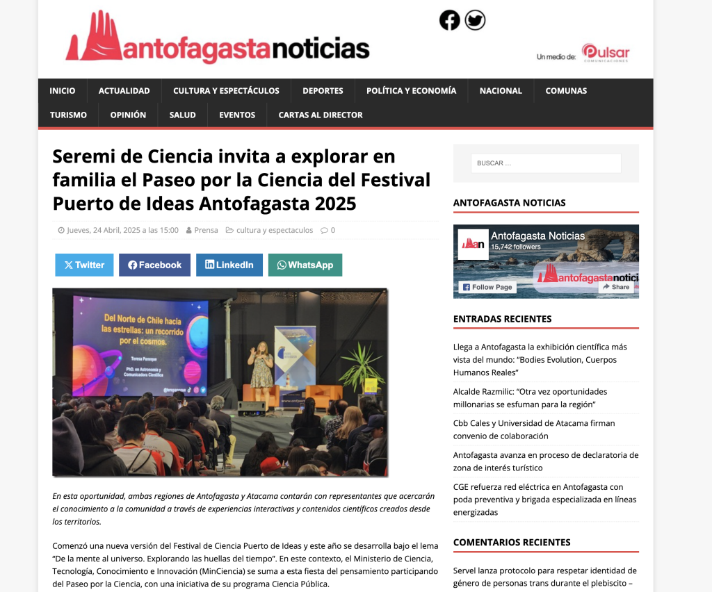 Antofagasta Noticias: «Seremi de Ciencia invita a explorar en familia el Paseo por la Ciencia del Festival Puerto de Ideas Antofagasta 2025»