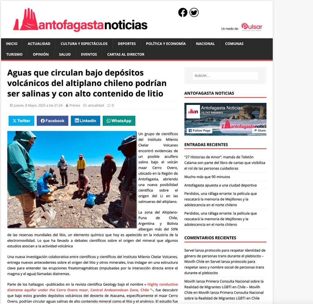 Antofagasta Noticias: «Aguas que circulan bajo depósitos volcánicos del altiplano chileno podrían ser salinas y con alto contenido de litio»