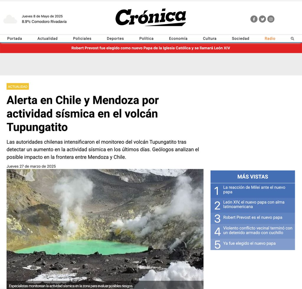Diario Crónica: «Alerta en Chile y Mendoza por actividad sísmica en el volcán Tupungatito»