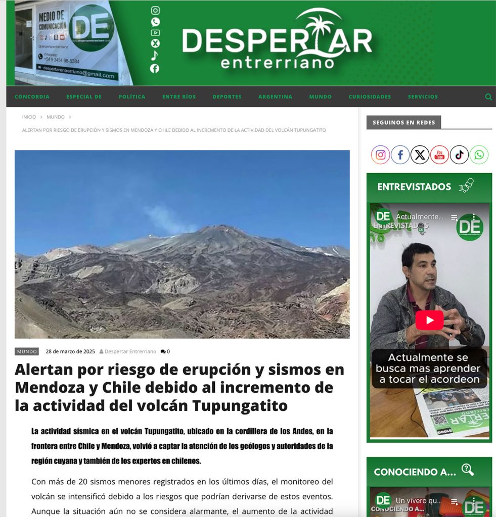 Despertar entrerriano: «Alertan por riesgo de erupción y sismos en Mendoza y Chile debido al incremento de la actividad del volcán Tupungatito»