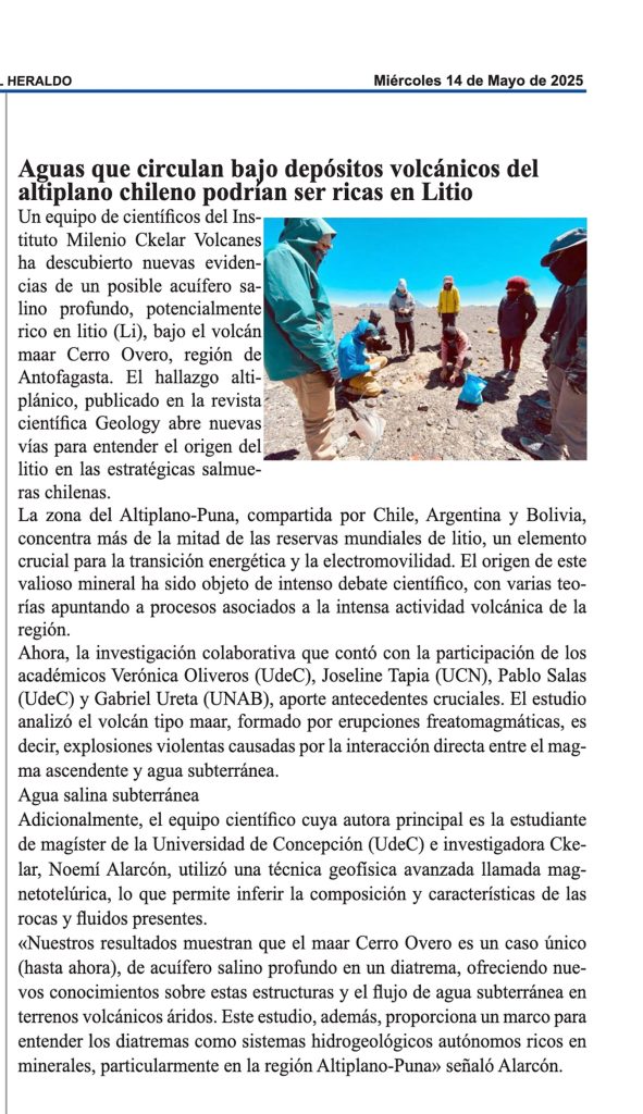 Diario El Heraldo: «Aguas que circulan bajo depósitos volcánicos del altiplano chileno podrían ser ricas en Litio»